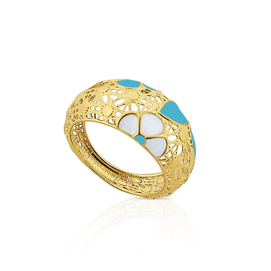 Anello in Argento 925 Placcato Oro 18k con Motivo Floreale Smaltato - Collezione RomaGems - Made in Italy - ROMA GEMS