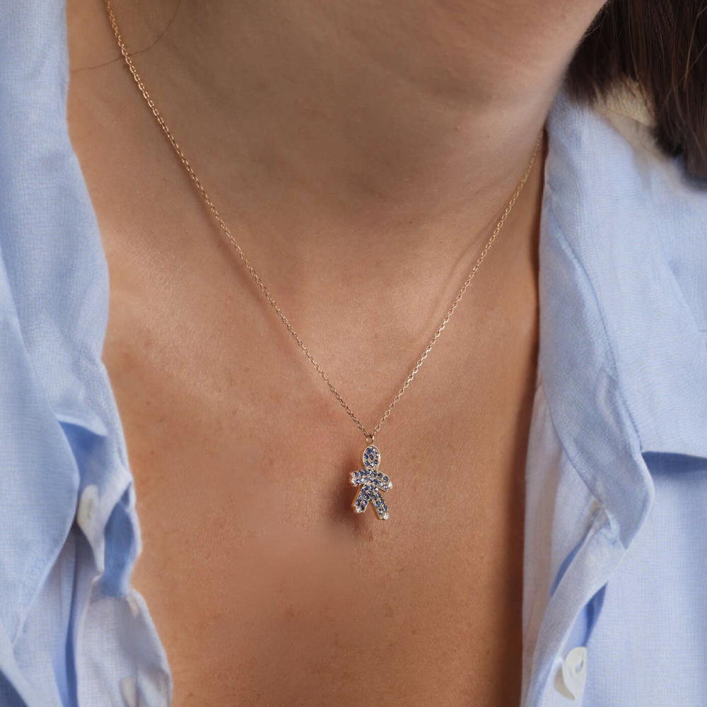 Collana in Argento 925 Placcato Oro con Pendente Bambino e Zircone Blu - Made in Italy - ROMA GEMS