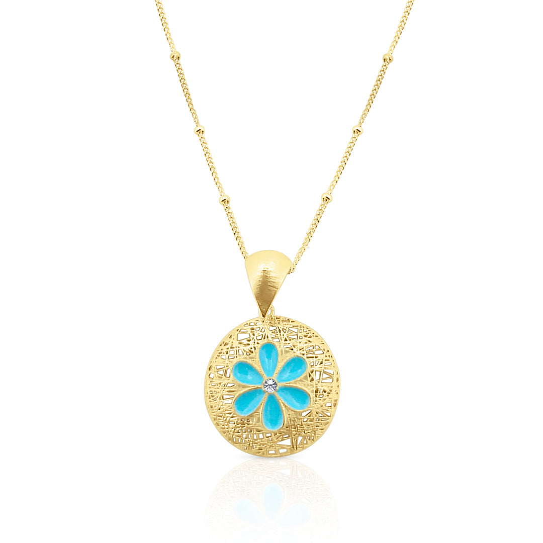 Collana in Argento 925 Placcato Oro 18k con Ciondolo Fiore Smaltato Azzurro - Collezione RomaGems - Made in Italy - ROMA GEMS