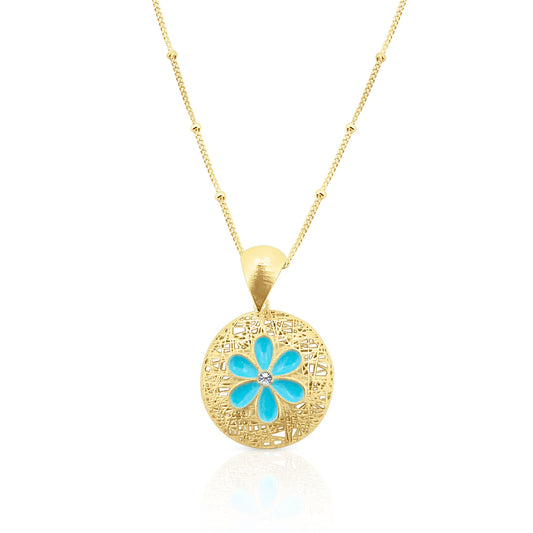Collana in Argento 925 Placcato Oro 18k con Ciondolo Fiore Smaltato Azzurro - Collezione RomaGems - Made in Italy - ROMA GEMS