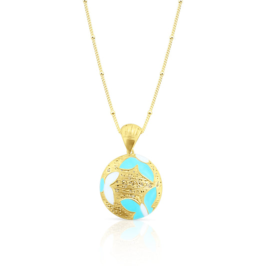 Collana in Argento 925 Placcato Oro 18k con Ciondolo Rotondo Smaltato Azzurro - Collezione RomaGems - Made in Italy - ROMA GEMS