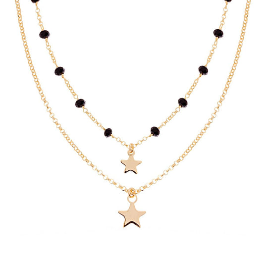 Collana a Due Fili con Catena Rolo e Pendenti a Stella con Cristalli Neri in Argento Sterlingo 925 Placcato Oro - ROMA GEMS