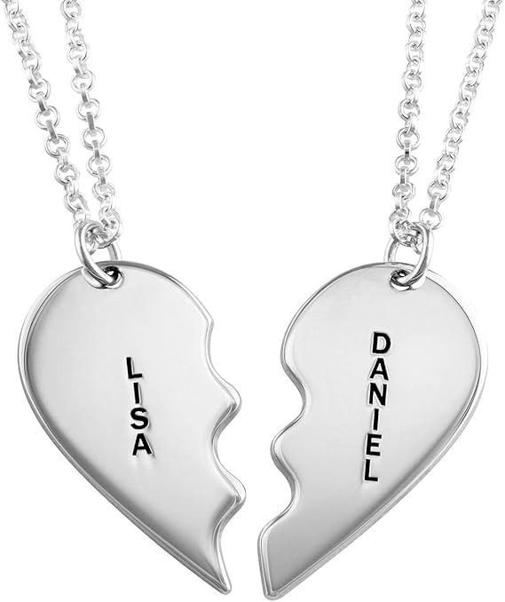 ROMA GEMS doppia Collana con Cuore Divisibile Personalizzato in Argento 925 Nomi Personalizzati Inciso Gioielli per Coppia doppia Collana con Cuore Divisibile Personalizzato in Argento 925 Nomi Personalizzati Inciso Gioielli per Coppia