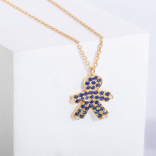 Collana in Argento 925 Placcato Oro con Pendente Bambino e Zircone Blu - Made in Italy - ROMA GEMS